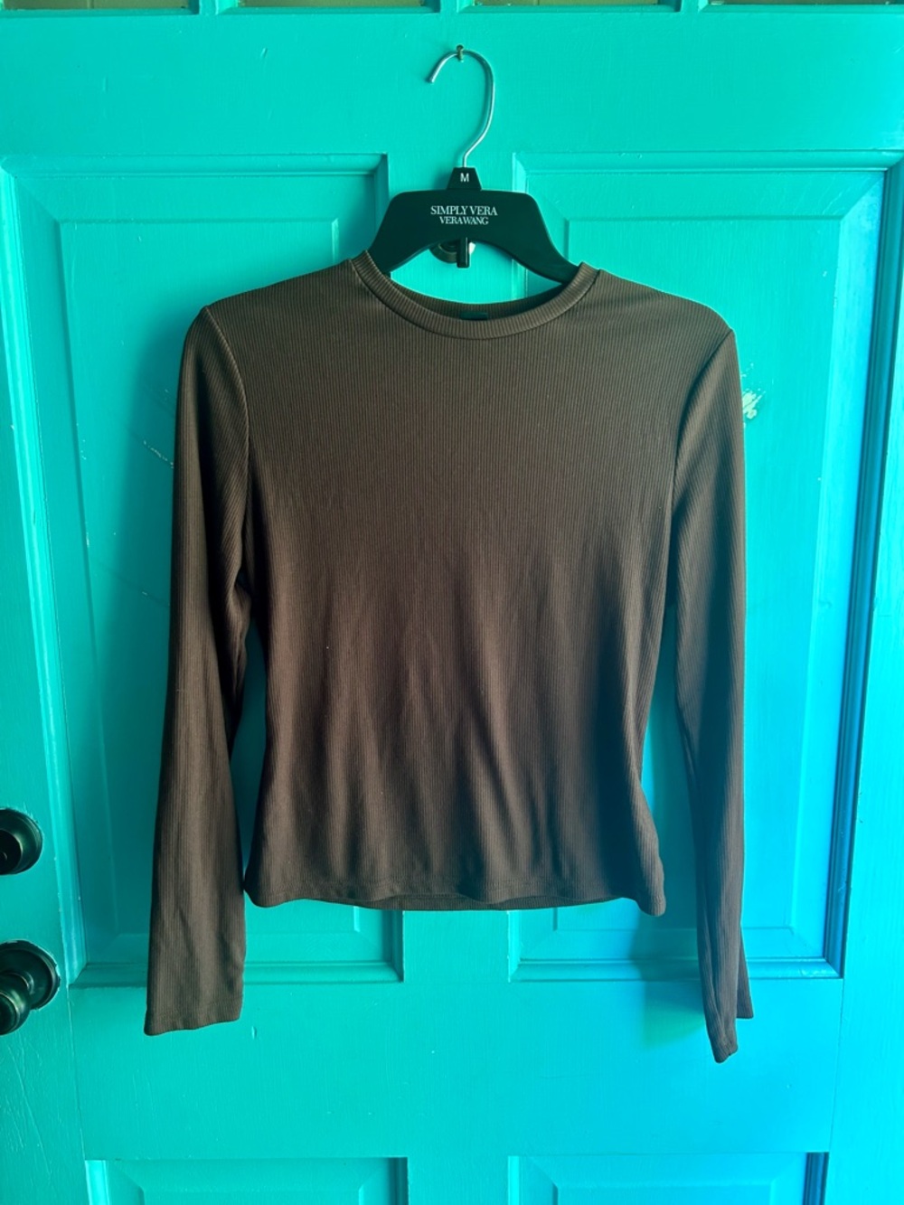 SHEIN Brown Ribbed Long-Sleeve Crewneck Top
